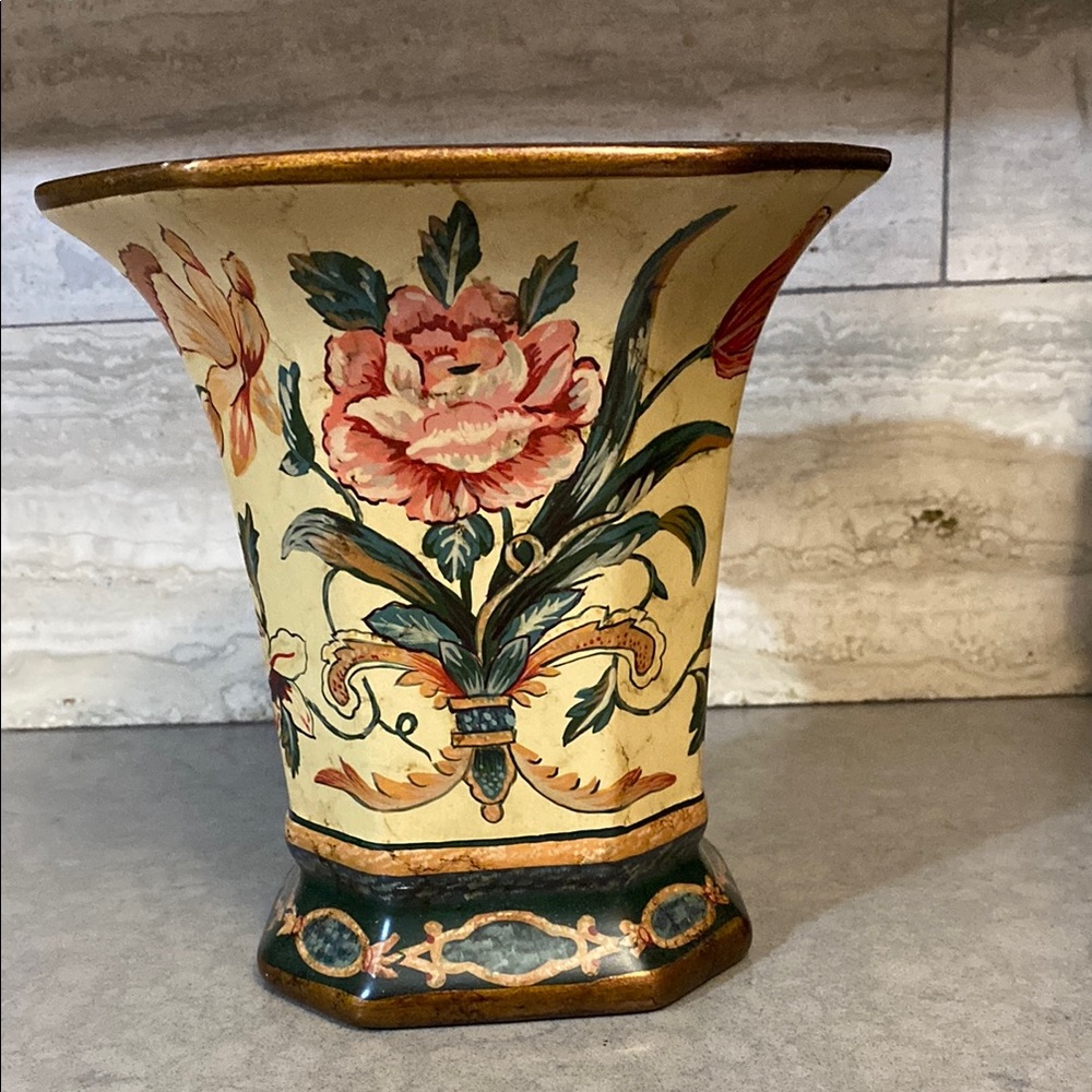 Floral Ceramic Vase with Gold Accents
